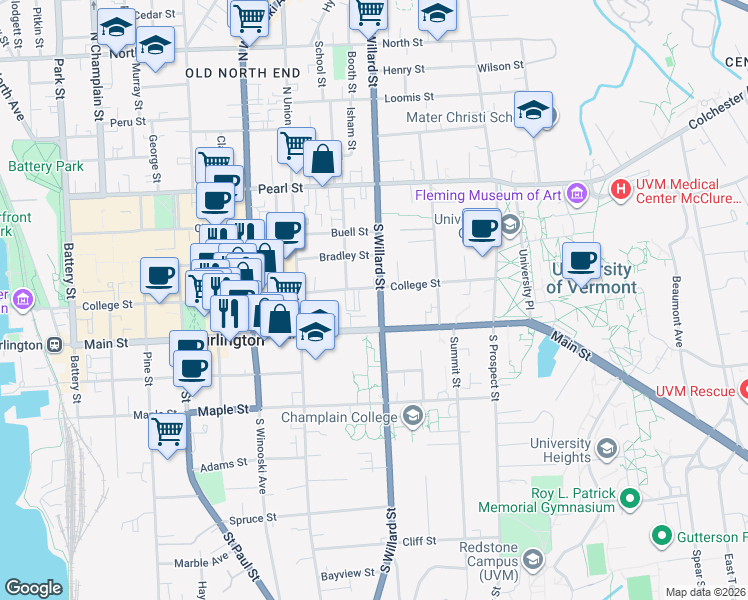 map of restaurants, bars, coffee shops, grocery stores, and more near 348 Main Street in Burlington