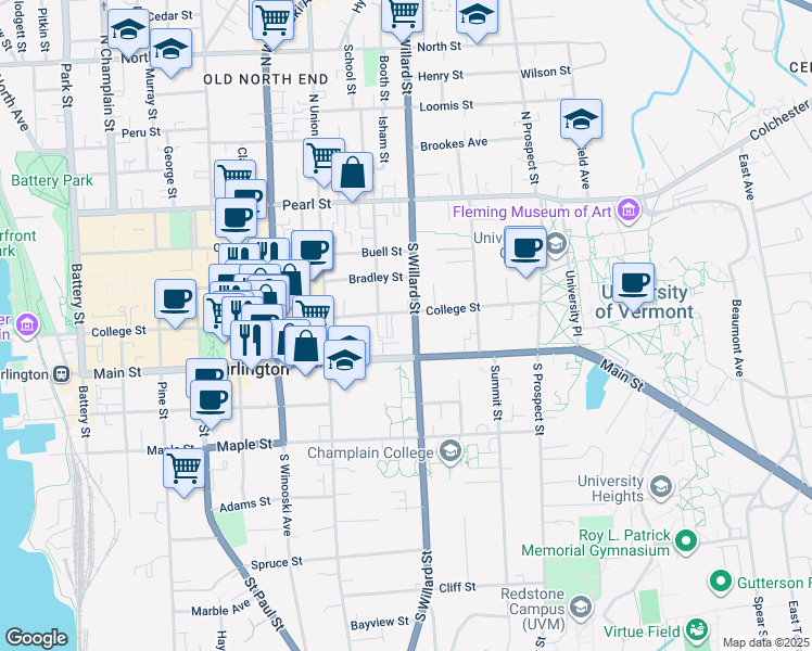 map of restaurants, bars, coffee shops, grocery stores, and more near 348 Main Street in Burlington