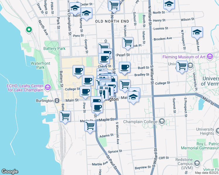 map of restaurants, bars, coffee shops, grocery stores, and more near in Burlington