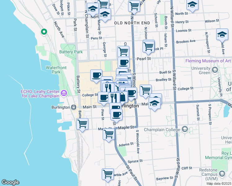 map of restaurants, bars, coffee shops, grocery stores, and more near 135 Church Street in Burlington