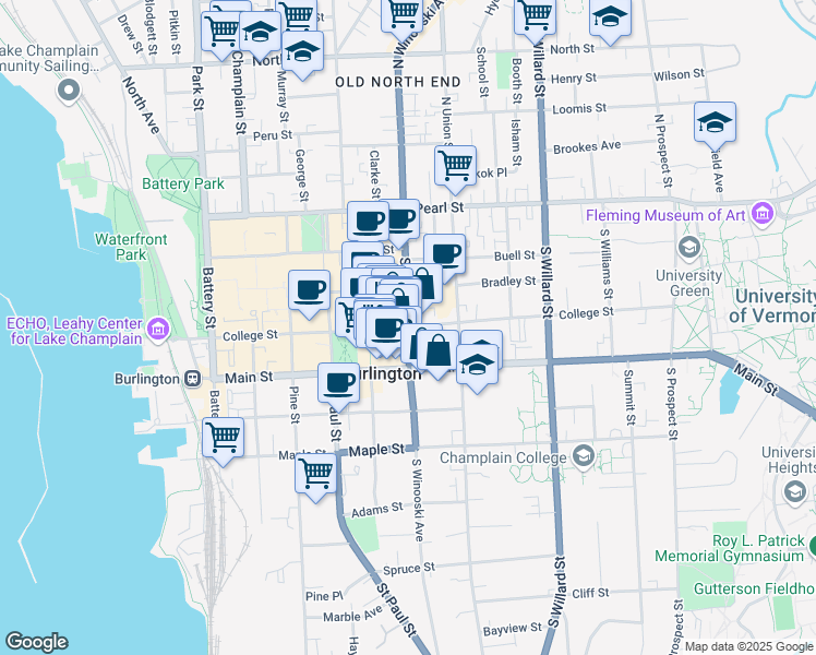 map of restaurants, bars, coffee shops, grocery stores, and more near College Street & South Winooski Avenue in Burlington