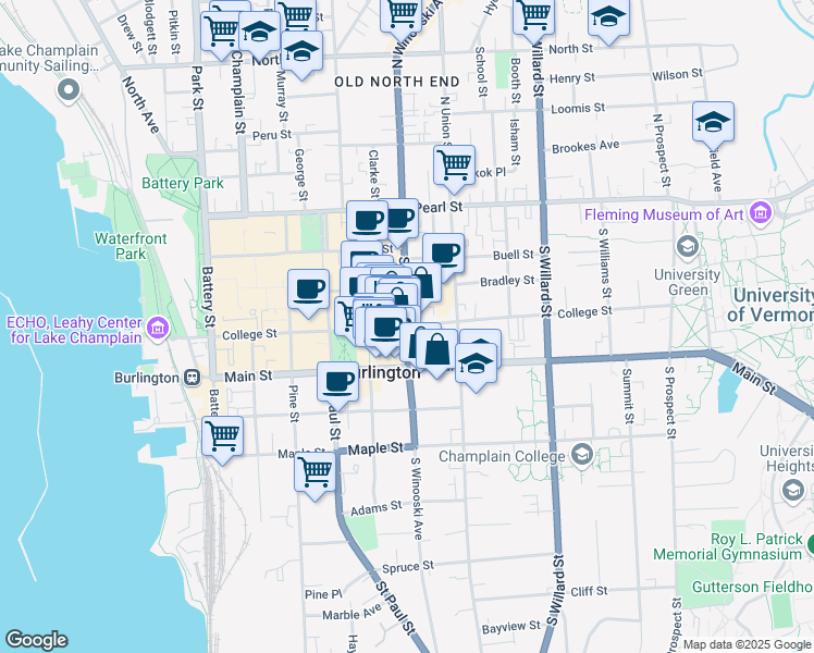 map of restaurants, bars, coffee shops, grocery stores, and more near College Street in Burlington