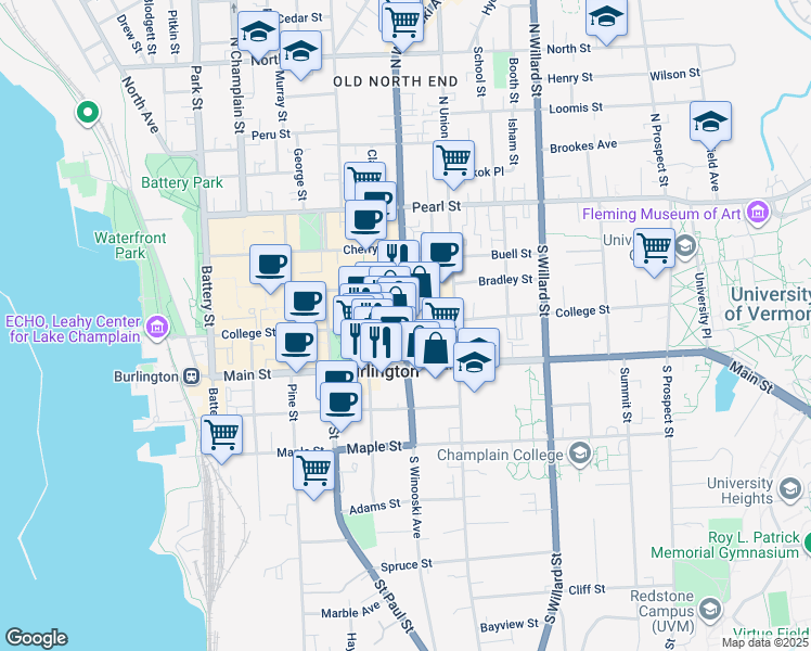 map of restaurants, bars, coffee shops, grocery stores, and more near College Street & South Winooski Avenue in Burlington