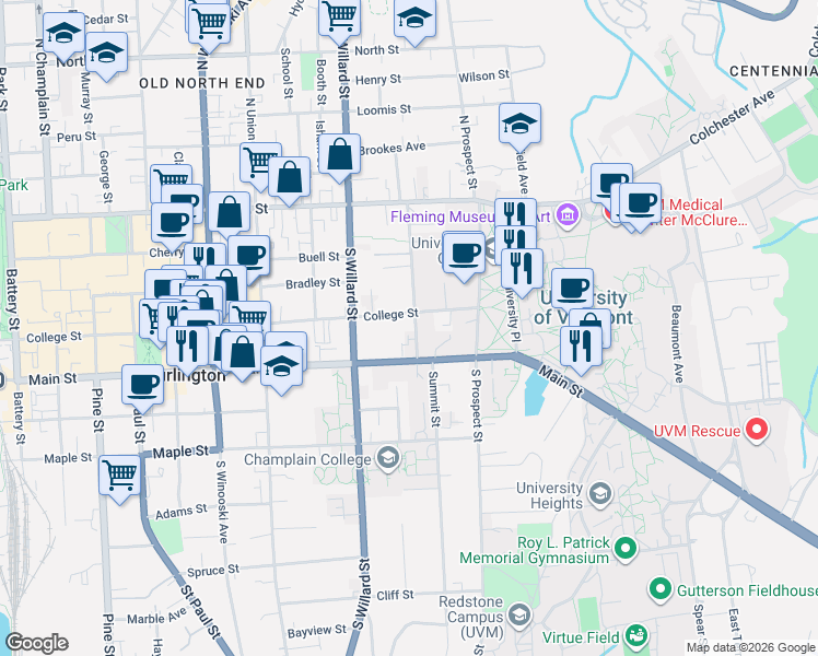 map of restaurants, bars, coffee shops, grocery stores, and more near 446 Main Street in Winooski