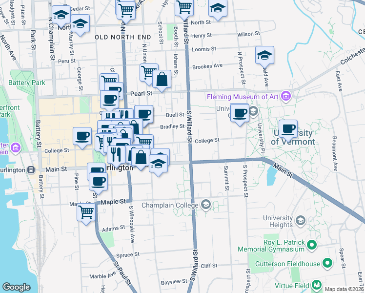 map of restaurants, bars, coffee shops, grocery stores, and more near 348 Main Street in Burlington
