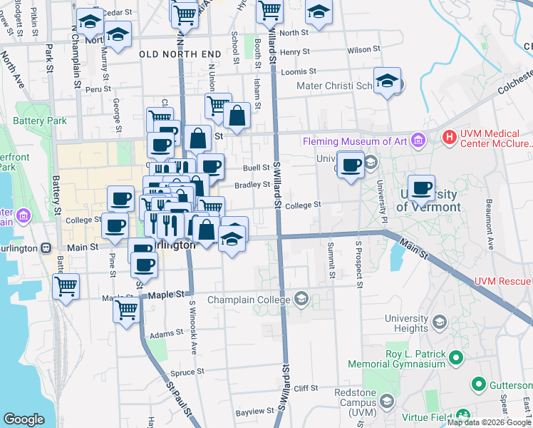 map of restaurants, bars, coffee shops, grocery stores, and more near 348 Main Street in Burlington