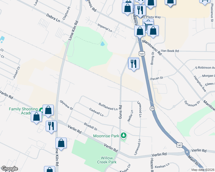 map of restaurants, bars, coffee shops, grocery stores, and more near 2127 Royal Crest Circle in Green Bay