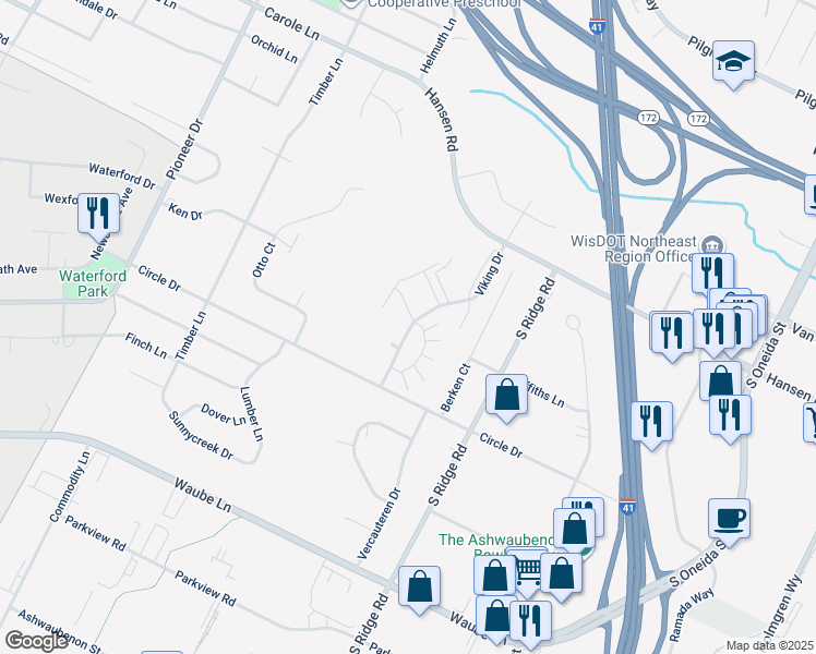 map of restaurants, bars, coffee shops, grocery stores, and more near 2837 Viking Drive in Green Bay