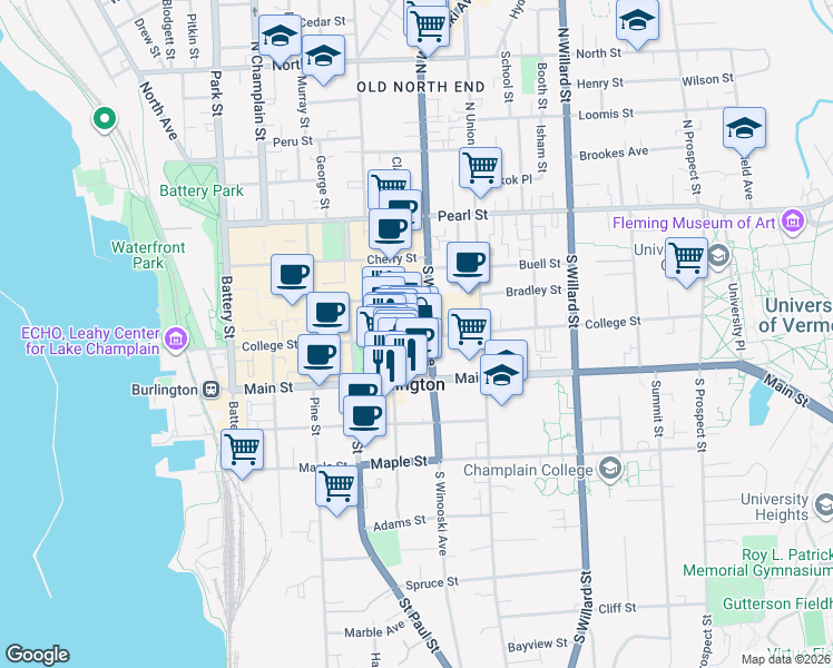 map of restaurants, bars, coffee shops, grocery stores, and more near 206 College Street in Burlington