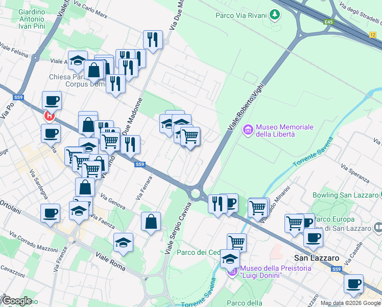 map of restaurants, bars, coffee shops, grocery stores, and more near 2 Piazza Grigoris Lambrakis in Bologna