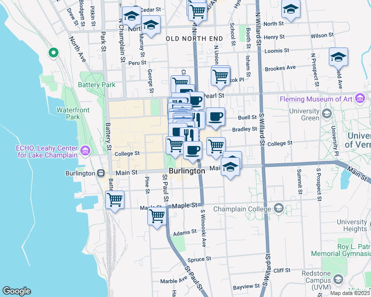 map of restaurants, bars, coffee shops, grocery stores, and more near 186 College Street in Burlington