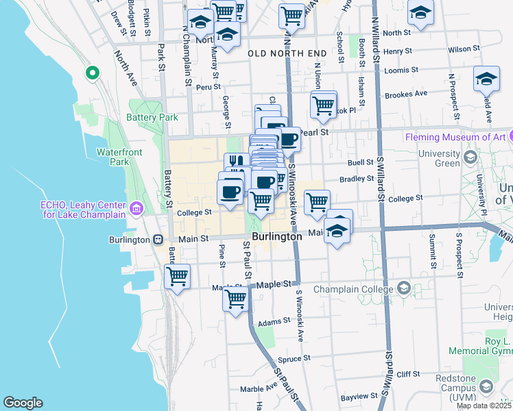map of restaurants, bars, coffee shops, grocery stores, and more near 155 Bank Street in Burlington