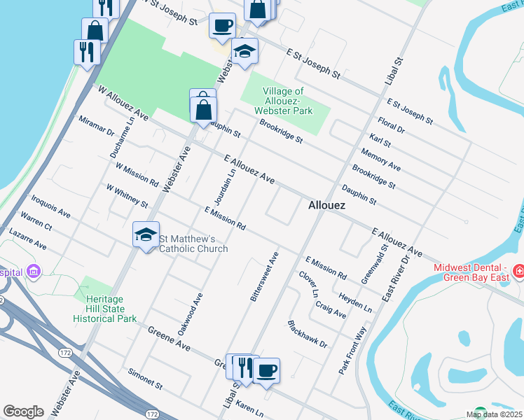 map of restaurants, bars, coffee shops, grocery stores, and more near 2360 Hawthorne Place in Green Bay