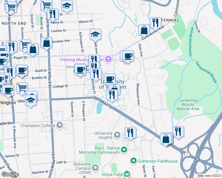 map of restaurants, bars, coffee shops, grocery stores, and more near 538 Main Street in Burlington