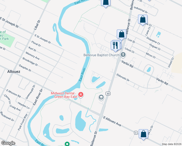 map of restaurants, bars, coffee shops, grocery stores, and more near 1641 River Bend Terrace in Green Bay