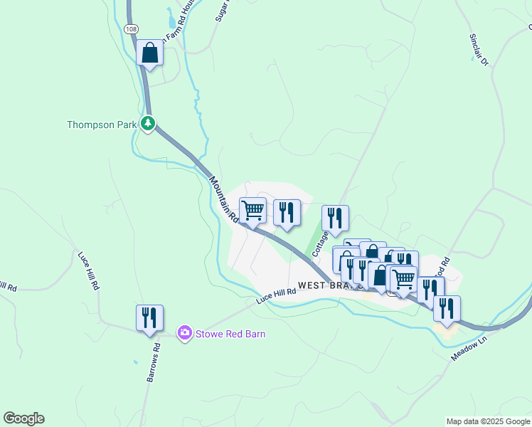 map of restaurants, bars, coffee shops, grocery stores, and more near 197 Mountainside Avenue in Stowe