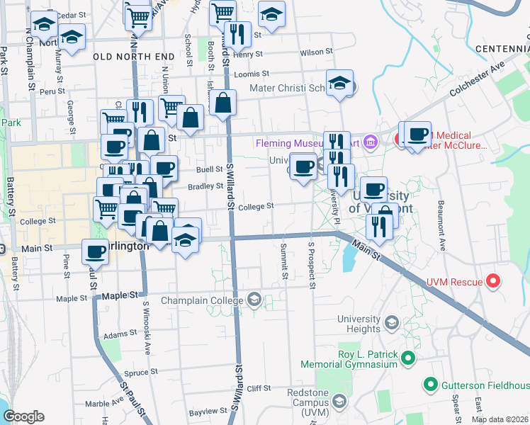 map of restaurants, bars, coffee shops, grocery stores, and more near 93 South Williams Street in Burlington
