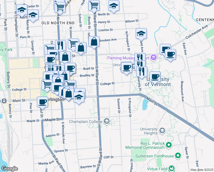 map of restaurants, bars, coffee shops, grocery stores, and more near 376 College Street in Burlington