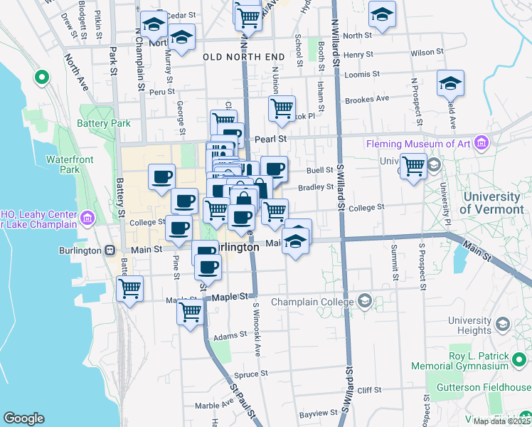 map of restaurants, bars, coffee shops, grocery stores, and more near 82 South Winooski Avenue in Burlington