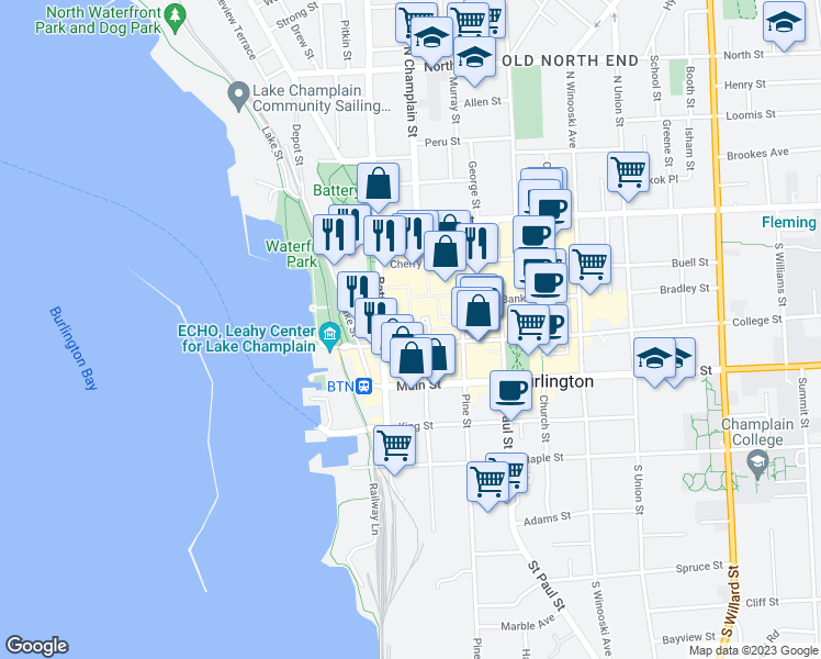 map of restaurants, bars, coffee shops, grocery stores, and more near 60 Battery Street in Burlington