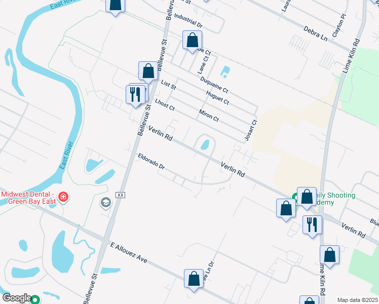map of restaurants, bars, coffee shops, grocery stores, and more near 1320 Villa Park Circle in Green Bay