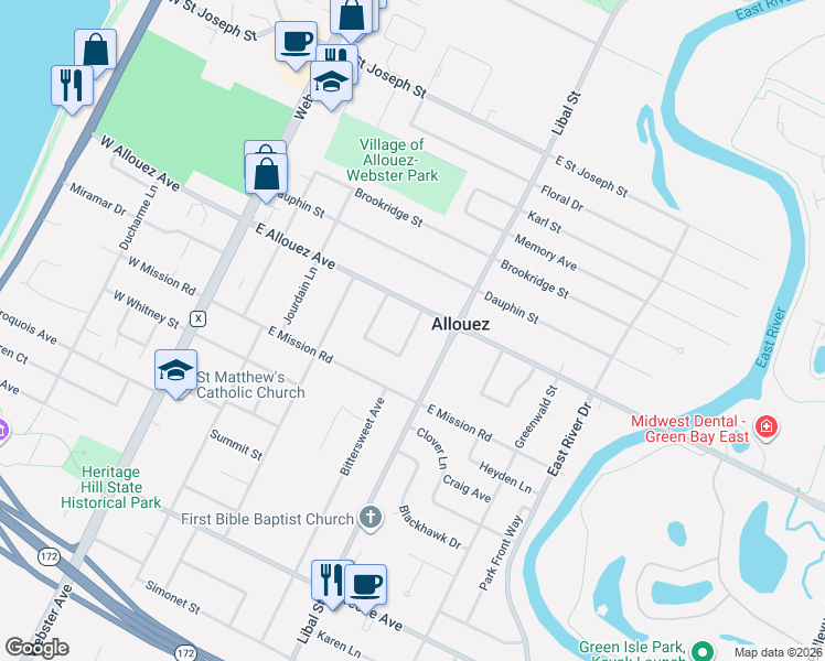 map of restaurants, bars, coffee shops, grocery stores, and more near 348 East Allouez Avenue in Green Bay