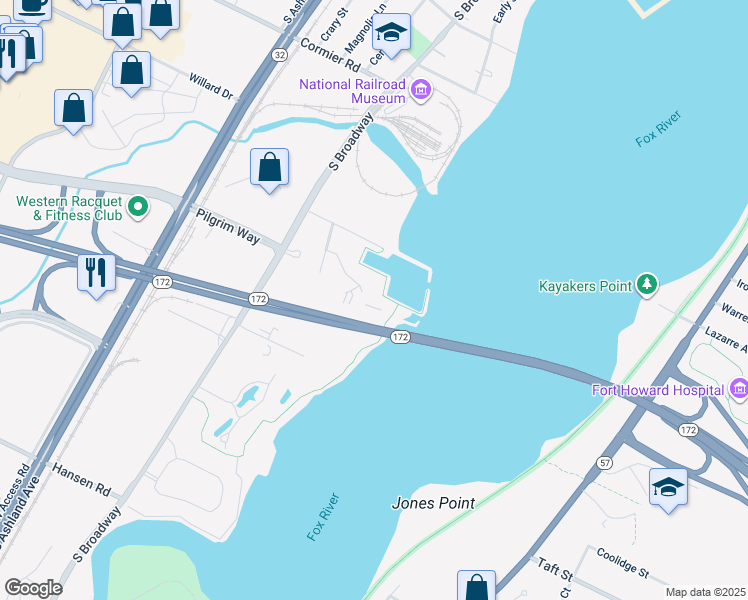 map of restaurants, bars, coffee shops, grocery stores, and more near 2475C Marina Circle in Green Bay