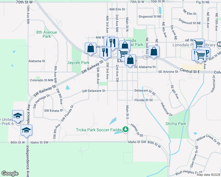 map of restaurants, bars, coffee shops, grocery stores, and more near 333 2nd Avenue Southwest in Lonsdale