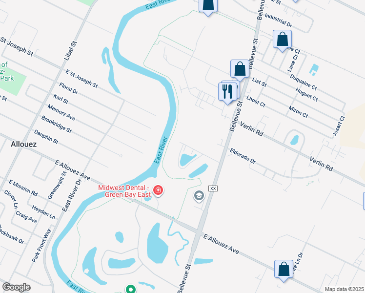 map of restaurants, bars, coffee shops, grocery stores, and more near 1641 River Bend Terrace in Bellevue