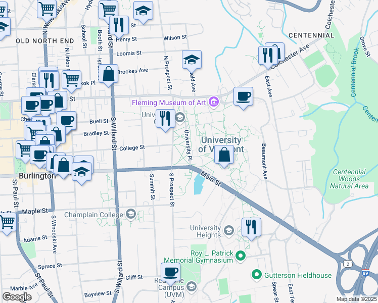 map of restaurants, bars, coffee shops, grocery stores, and more near 123 University Place in Burlington