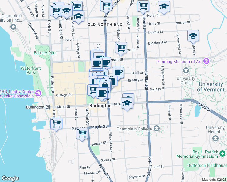 map of restaurants, bars, coffee shops, grocery stores, and more near 238 College Street in Burlington