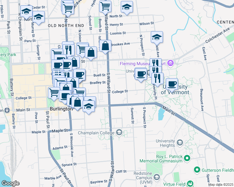 map of restaurants, bars, coffee shops, grocery stores, and more near 383 College Street in Burlington