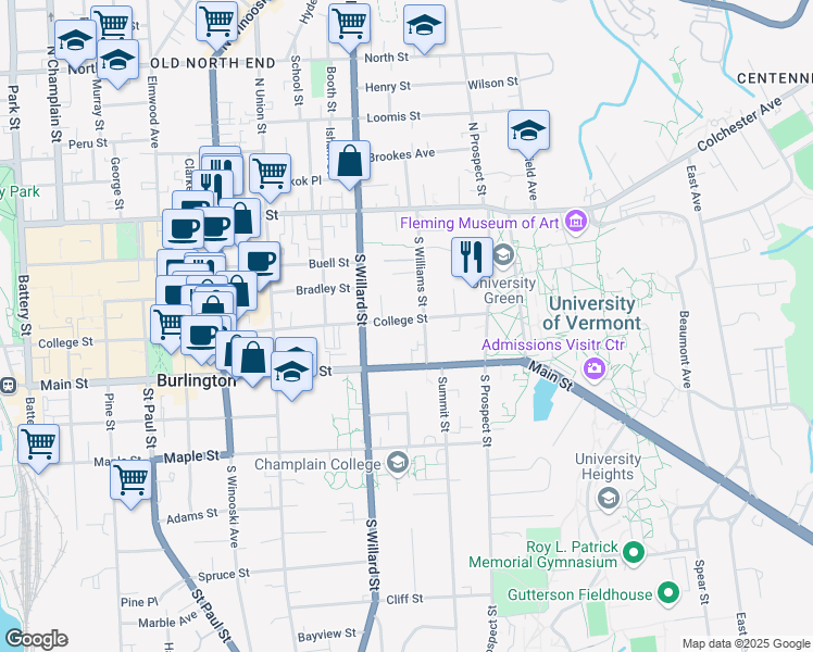 map of restaurants, bars, coffee shops, grocery stores, and more near 376 College Street in Burlington