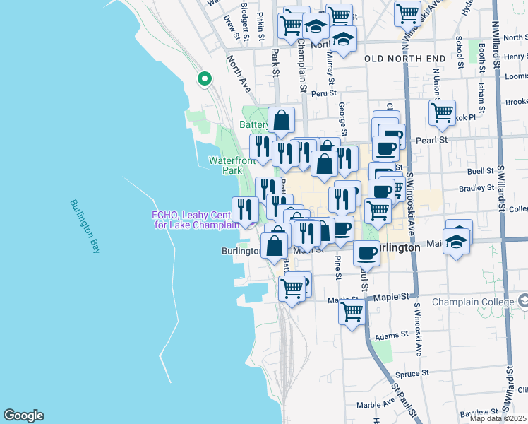 map of restaurants, bars, coffee shops, grocery stores, and more near 60 Lake Street in Burlington
