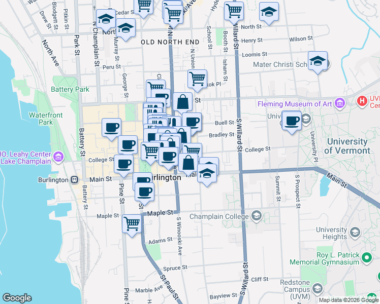 map of restaurants, bars, coffee shops, grocery stores, and more near 252 College Street in Burlington