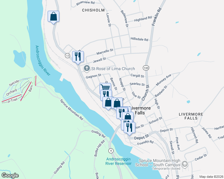 map of restaurants, bars, coffee shops, grocery stores, and more near 21 Otis Street in Livermore Falls
