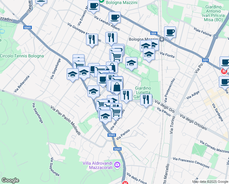 map of restaurants, bars, coffee shops, grocery stores, and more near 20 Via Beniamino Gigli in Bologna
