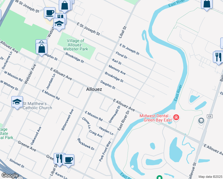 map of restaurants, bars, coffee shops, grocery stores, and more near 539 Dauphin Street in Green Bay