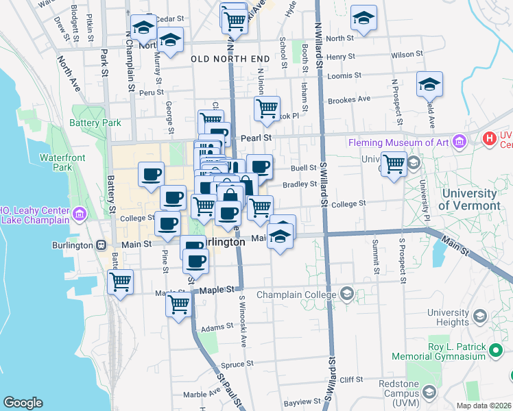 map of restaurants, bars, coffee shops, grocery stores, and more near 82 South Winooski Avenue in Burlington