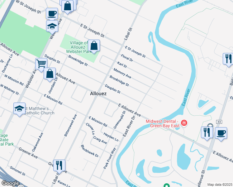 map of restaurants, bars, coffee shops, grocery stores, and more near 539 Dauphin Street in Green Bay