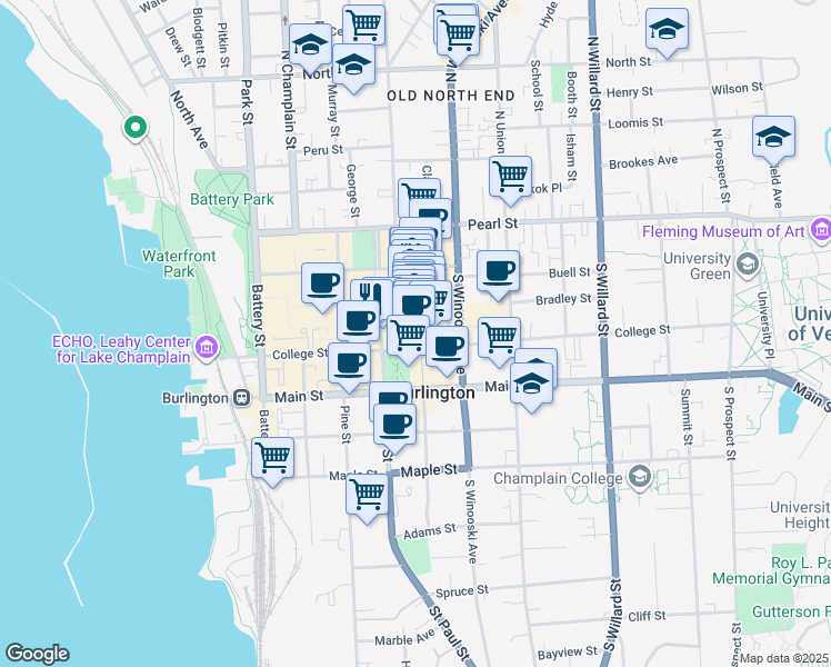 map of restaurants, bars, coffee shops, grocery stores, and more near 155 Bank Street in Burlington