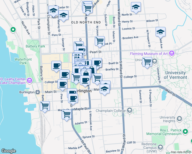 map of restaurants, bars, coffee shops, grocery stores, and more near 82 South Winooski Avenue in Burlington