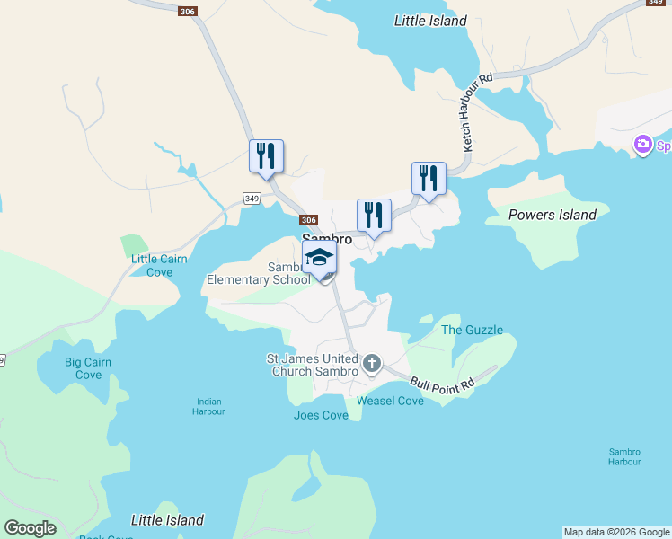 map of restaurants, bars, coffee shops, grocery stores, and more near 3710 Old Sambro Road in Sambro