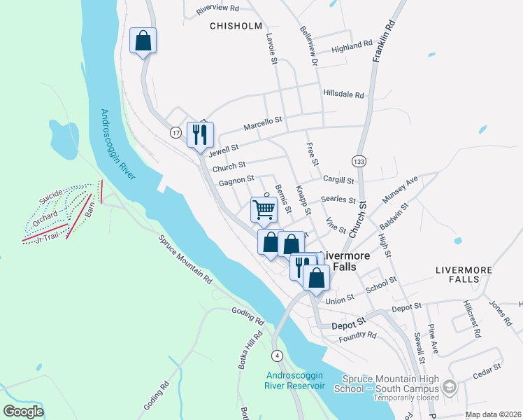 map of restaurants, bars, coffee shops, grocery stores, and more near 21 Otis Street in Livermore Falls