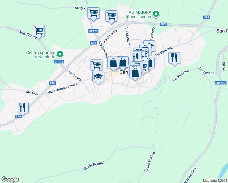 map of restaurants, bars, coffee shops, grocery stores, and more near 11 Piazza Mercato in Carrù