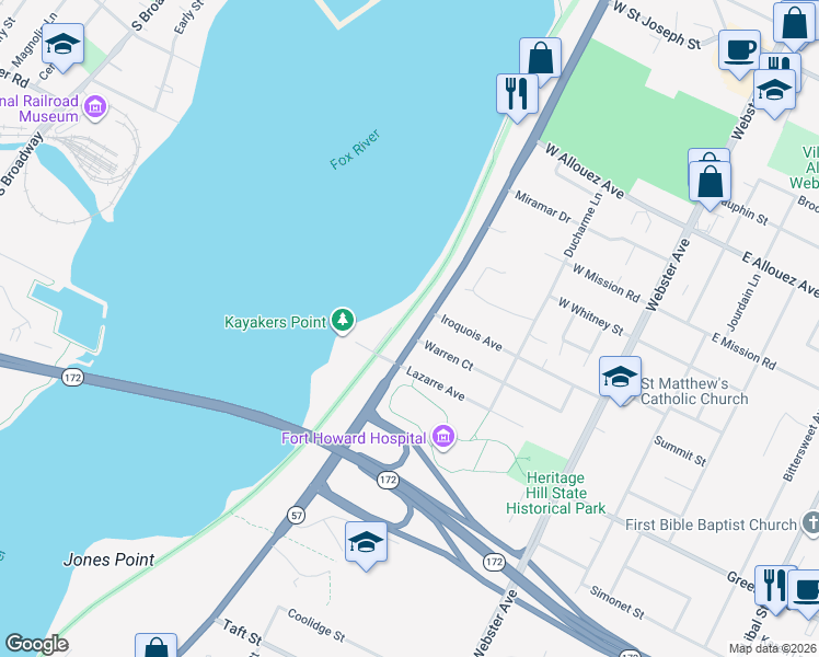 map of restaurants, bars, coffee shops, grocery stores, and more near 2564 Riverside Drive in Allouez
