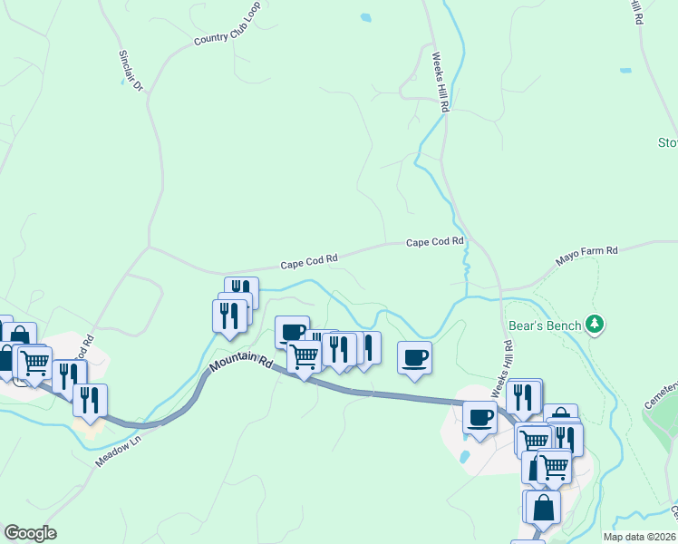 map of restaurants, bars, coffee shops, grocery stores, and more near 300 Cape Cod Road in Stowe