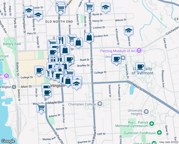 map of restaurants, bars, coffee shops, grocery stores, and more near 93 South Willard Street in Burlington