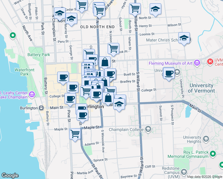 map of restaurants, bars, coffee shops, grocery stores, and more near 96 South Union Street in Burlington