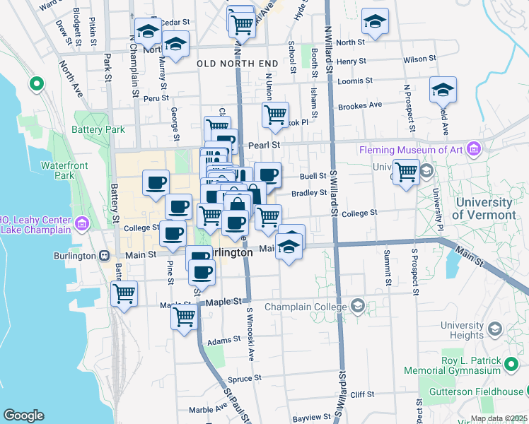 map of restaurants, bars, coffee shops, grocery stores, and more near 82 South Winooski Avenue in Burlington